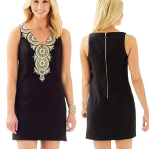 Lilly Pulitzer Black and Gold Gabby Shift Embroidered Beaded Mini‎ Dress Size 00
